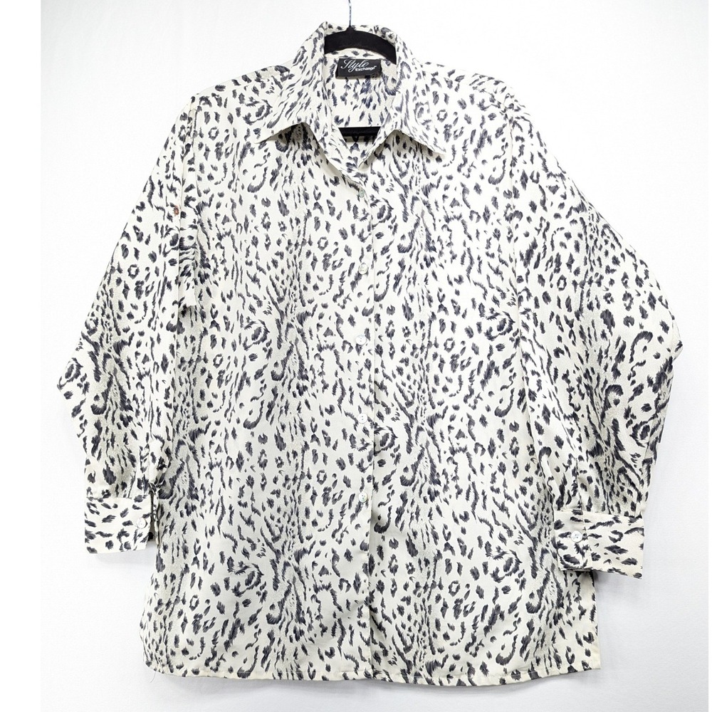 Style Exchange Womens Leopard Print Button Down Shirt Grey White Long Sleeve M
